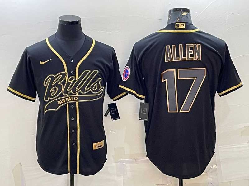 Men%27s Buffalo Bills #17 Josh Allen Black Gold With Patch Cool Base Stitched Baseball Jersey